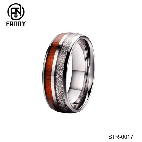 Stainless Steel Wedding Ring Inlaid with KOA Wood Grain and Meteorite ...