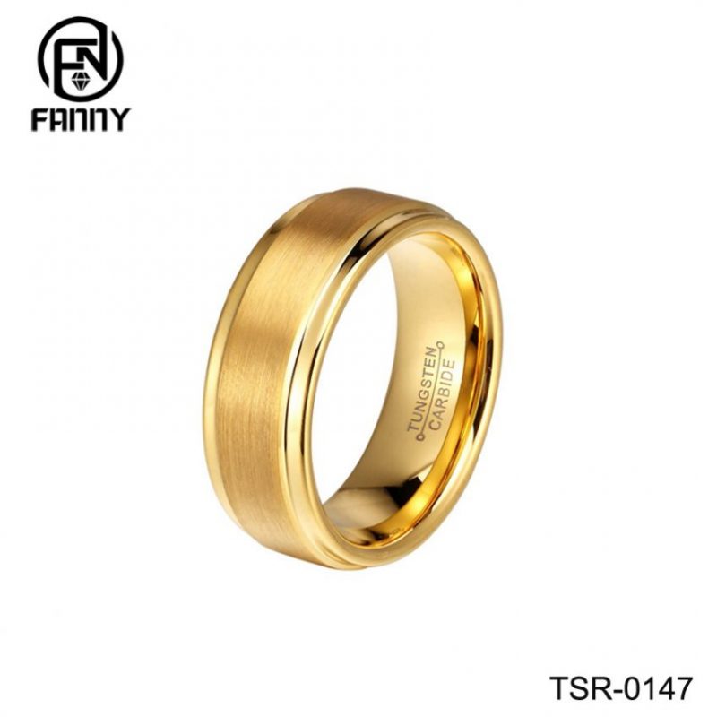 Trapezoidal Brushed Tungsten Carbide Plating Gold Wedding Ring | OEM ...